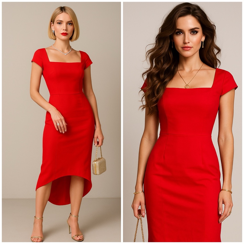 Black Halo Red Square Neck Midi High Low Dress